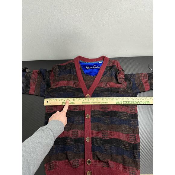 Robert Graham Red Black Wool Blend Cardigan Size Small Striped Knit - Picture 7 of 10